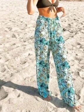 Beach Riot Turquoise Floral Wide-Leg Beach Pants